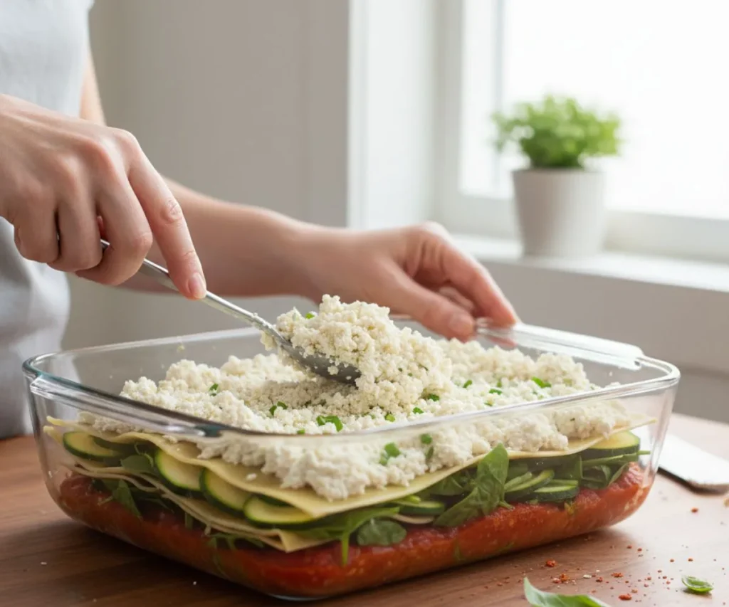 Layering vegan lasagna with tofu ricotta and marinara sauce