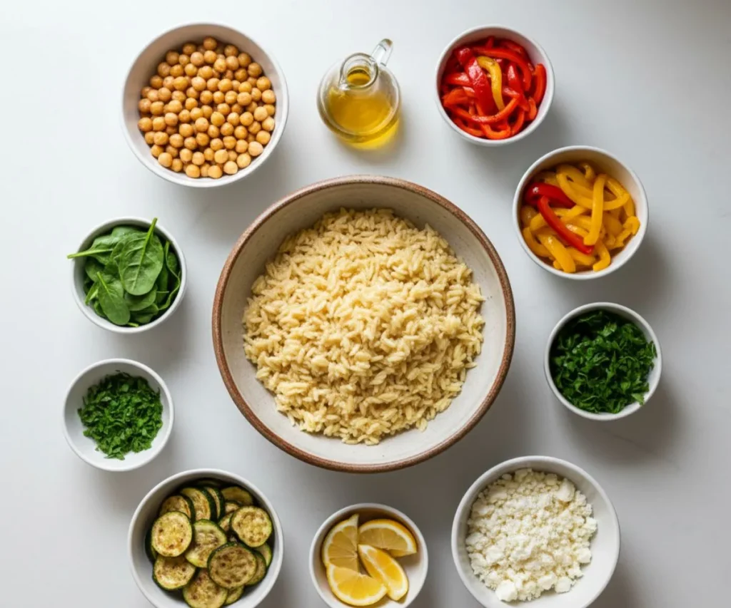 Ingredients for building a vegetarian orzo bowl
