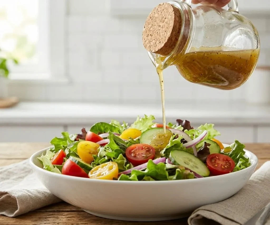 Italian vinaigrette drizzled over fresh green salad