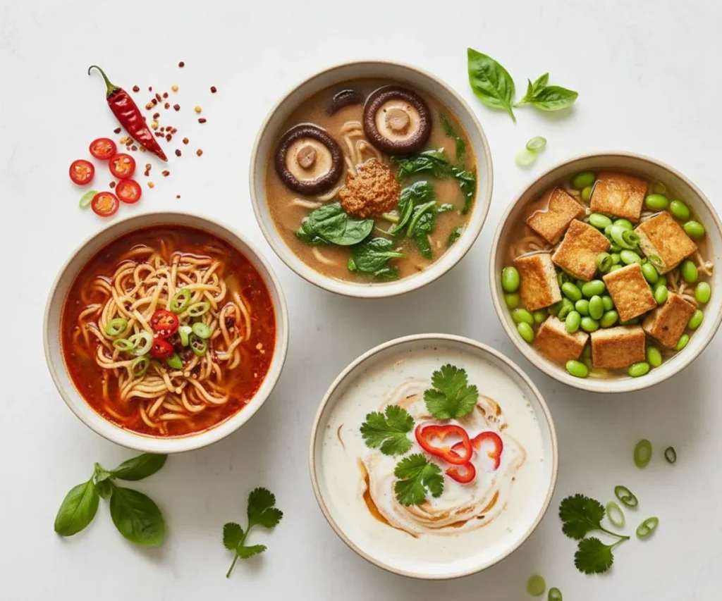Different variations of vegetable ramen noodles including spicy, miso, creamy, and high-protein versions