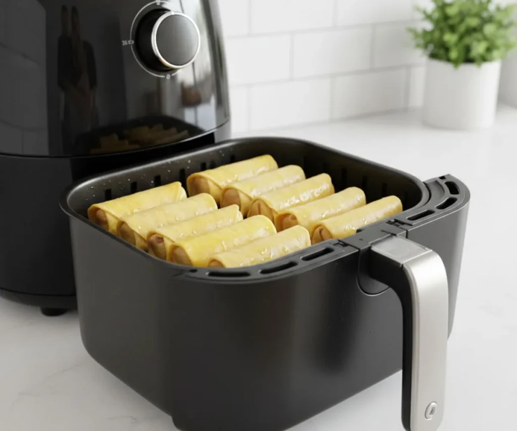 Vegan egg rolls cooking in air fryer basket