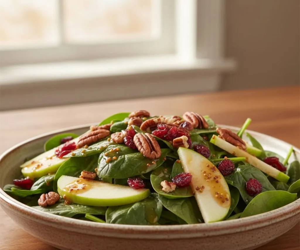 Spinach apple salad topped with maple cider vinaigrette and pecans
