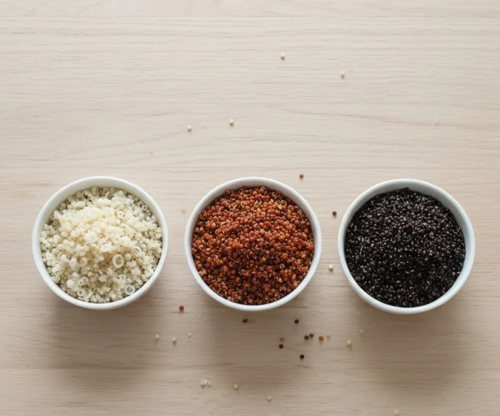 White, red, and black quinoa in separate bowls