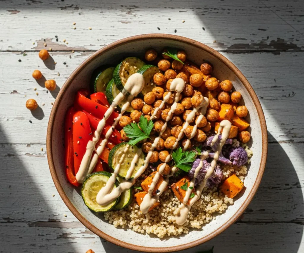Grain bowl with roasted vegetables and tahini sauce