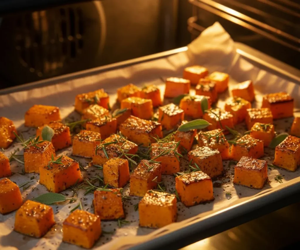 Golden roasted butternut squash cubes on a baking tray.