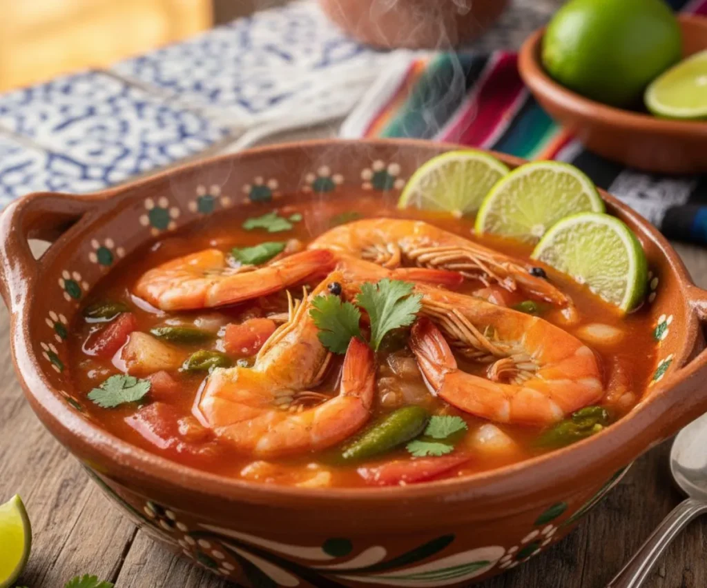 Mexican shrimp soup caldo de camaron with cilantro and lime