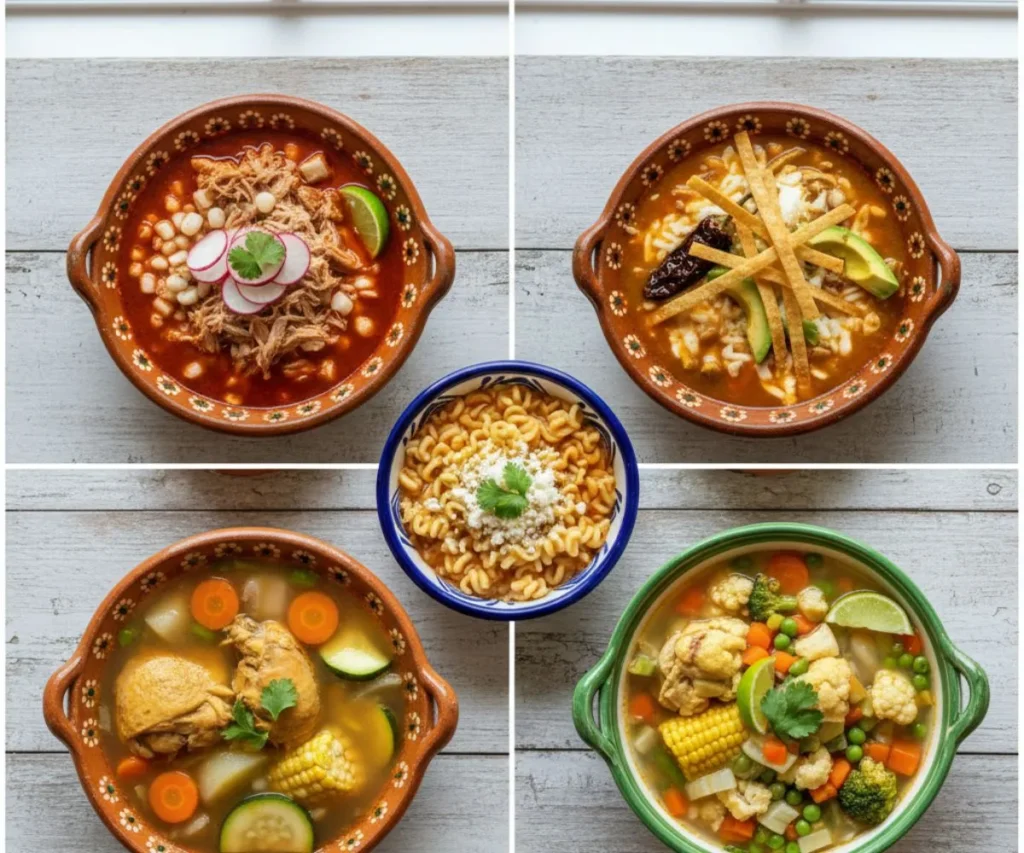 Traditional Mexican soups including pozole, tortilla soup, sopa de fideo, and caldo