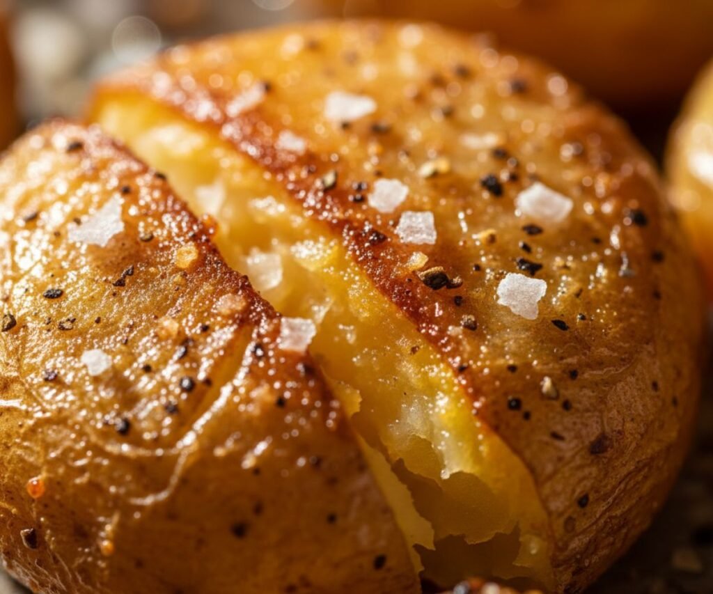 Close-up of golden crispy roasted potatoes with crunchy edges