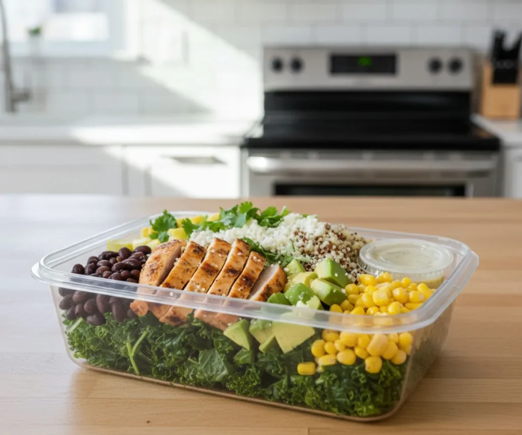 High protein Mexican kale salad with grilled chicken and quinoa