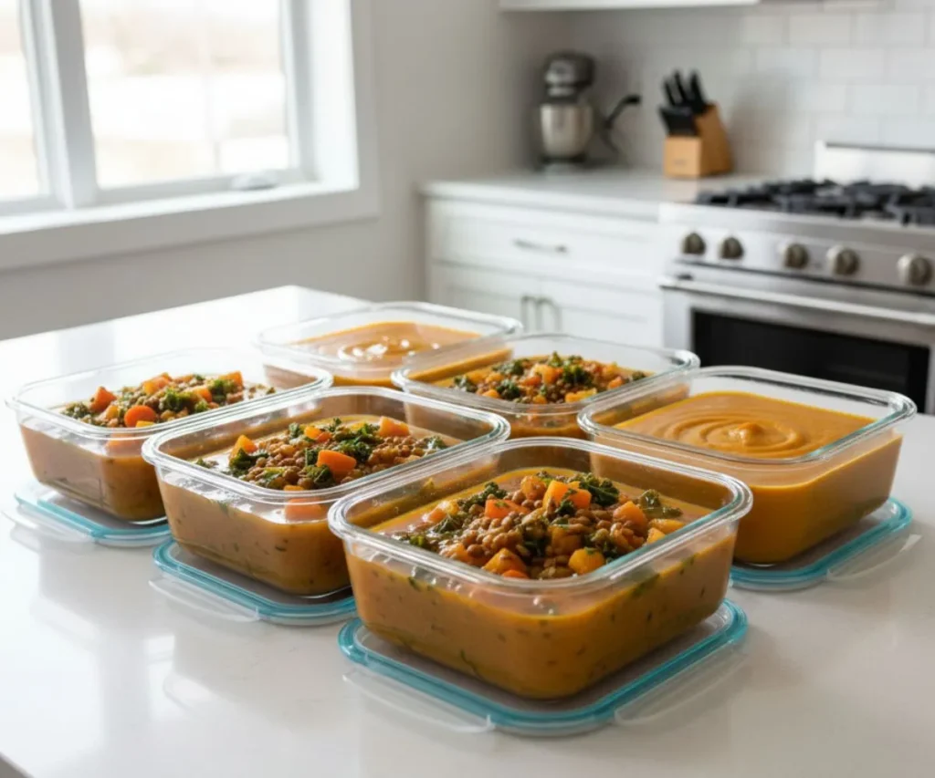 Vegan fall soup stored in meal prep containers for weekly healthy eating