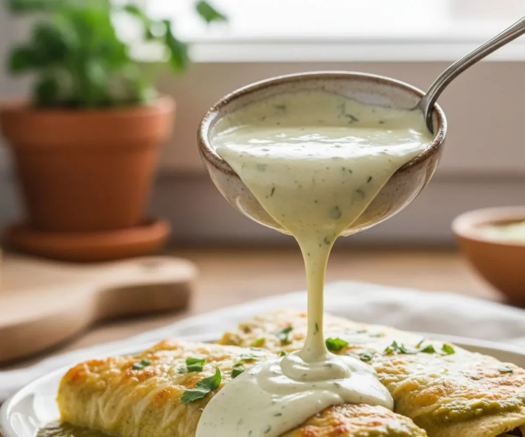 Creamy vegan jalapeño sauce drizzled over green enchiladas