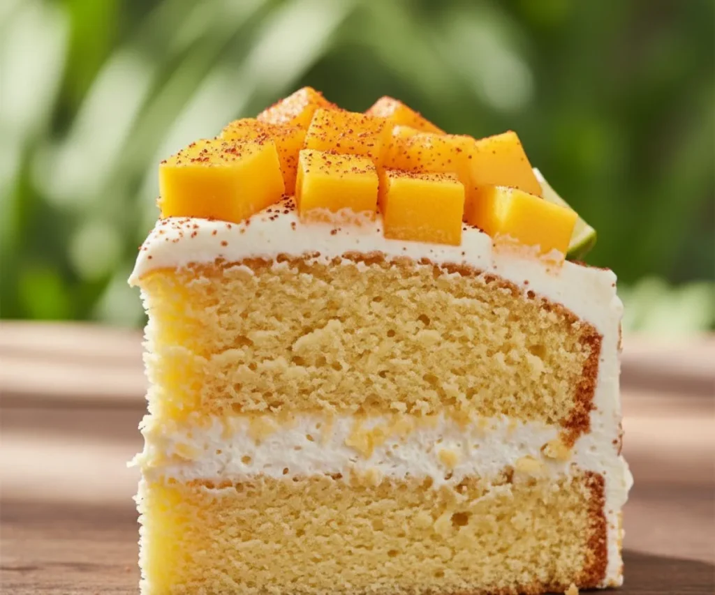 Close-up slice of moist Mexican mango cake with creamy frosting