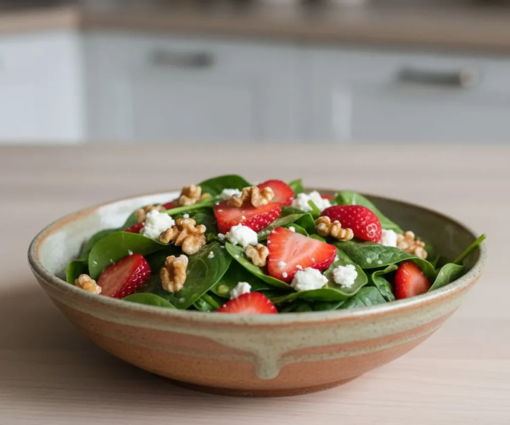 Strawberry spinach fruit in salad with walnuts and feta
