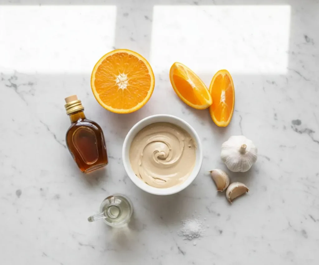 Ingredients for tahini orange dressing including tahini, orange juice, garlic, maple syrup and vinegar