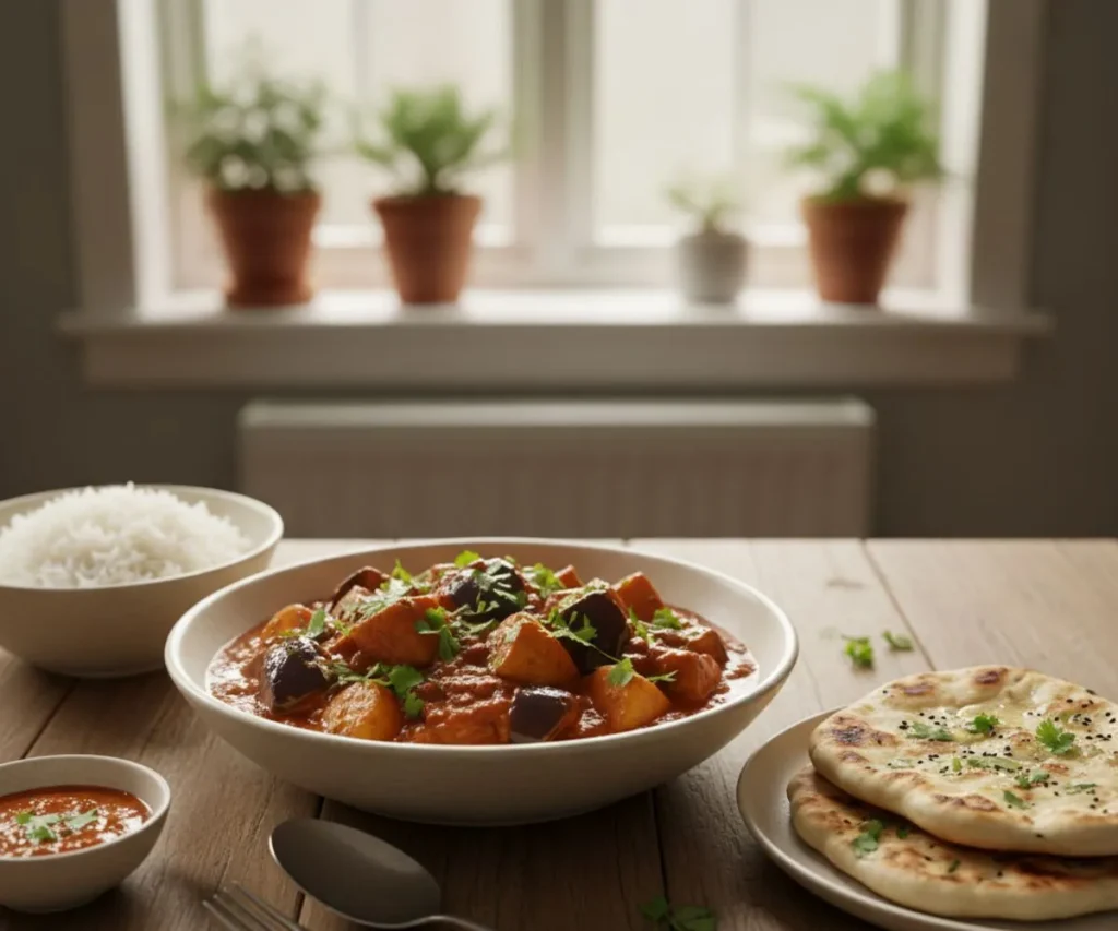 Eggplant potato curry served with rice and naan