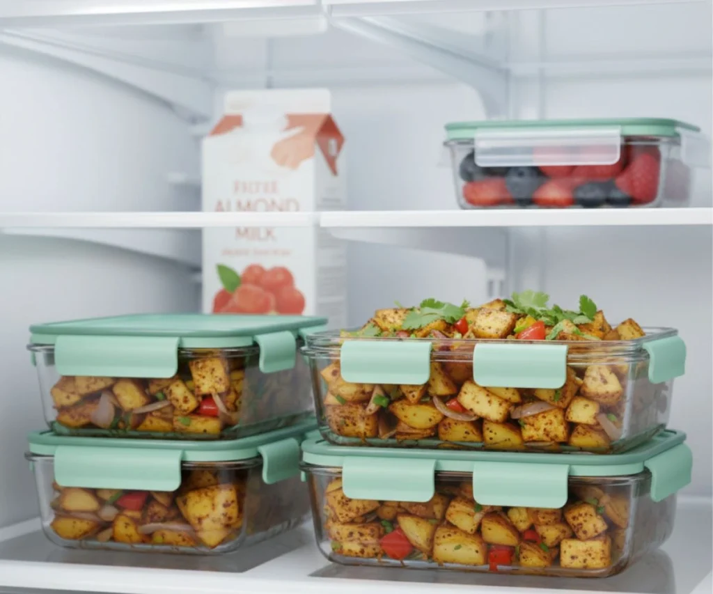 Tofu hash stored in meal prep containers for the week