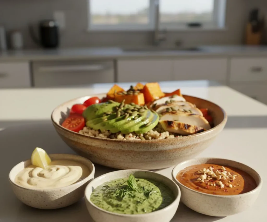 Different sauce options for power bowl recipe including tahini and yogurt sauce