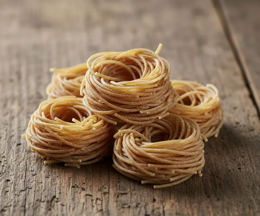 Uncooked whole wheat capellini pasta strands
