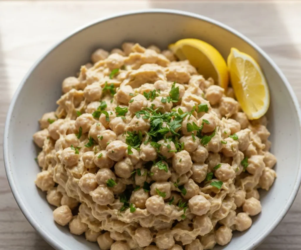 Close-up of creamy tahini chickpea salad texture