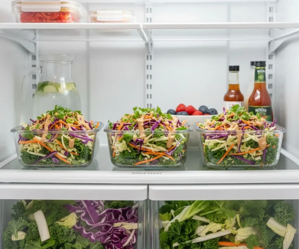 Power slaw stored in glass meal prep containers in refrigerator