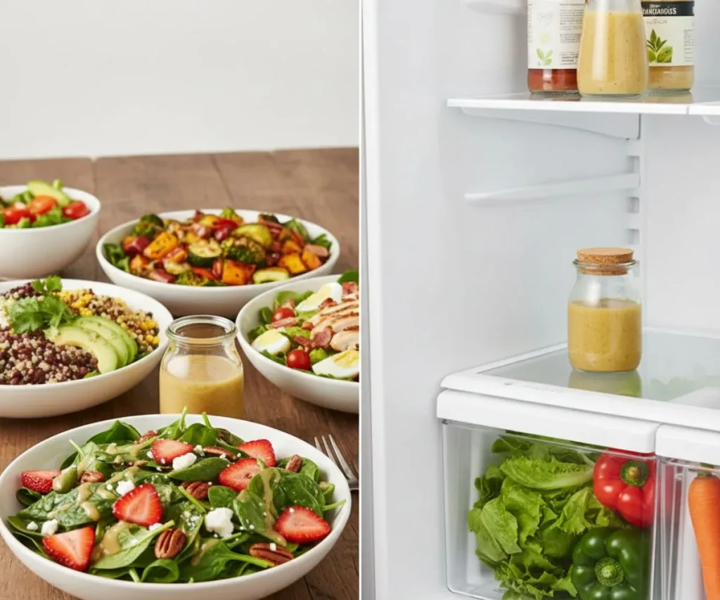 Different salads served with sweet onion vinaigrette