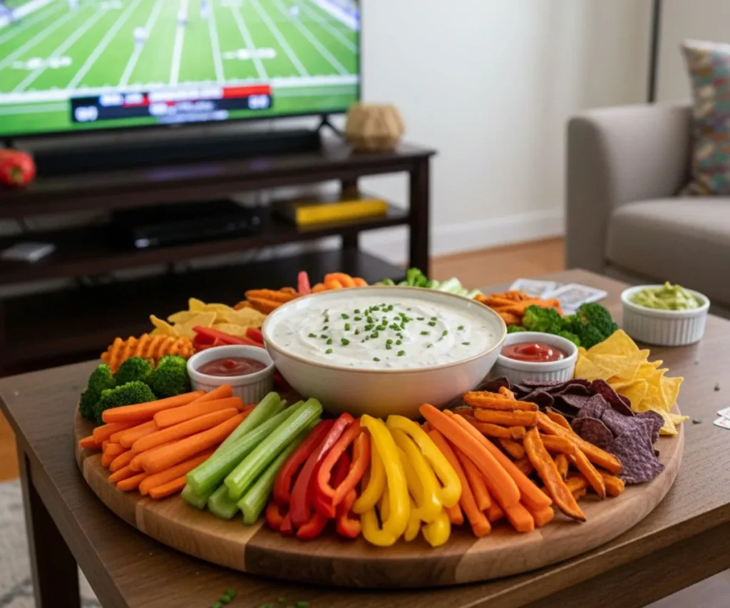 Vegan ranch dip served on party platter with vegetables and fries