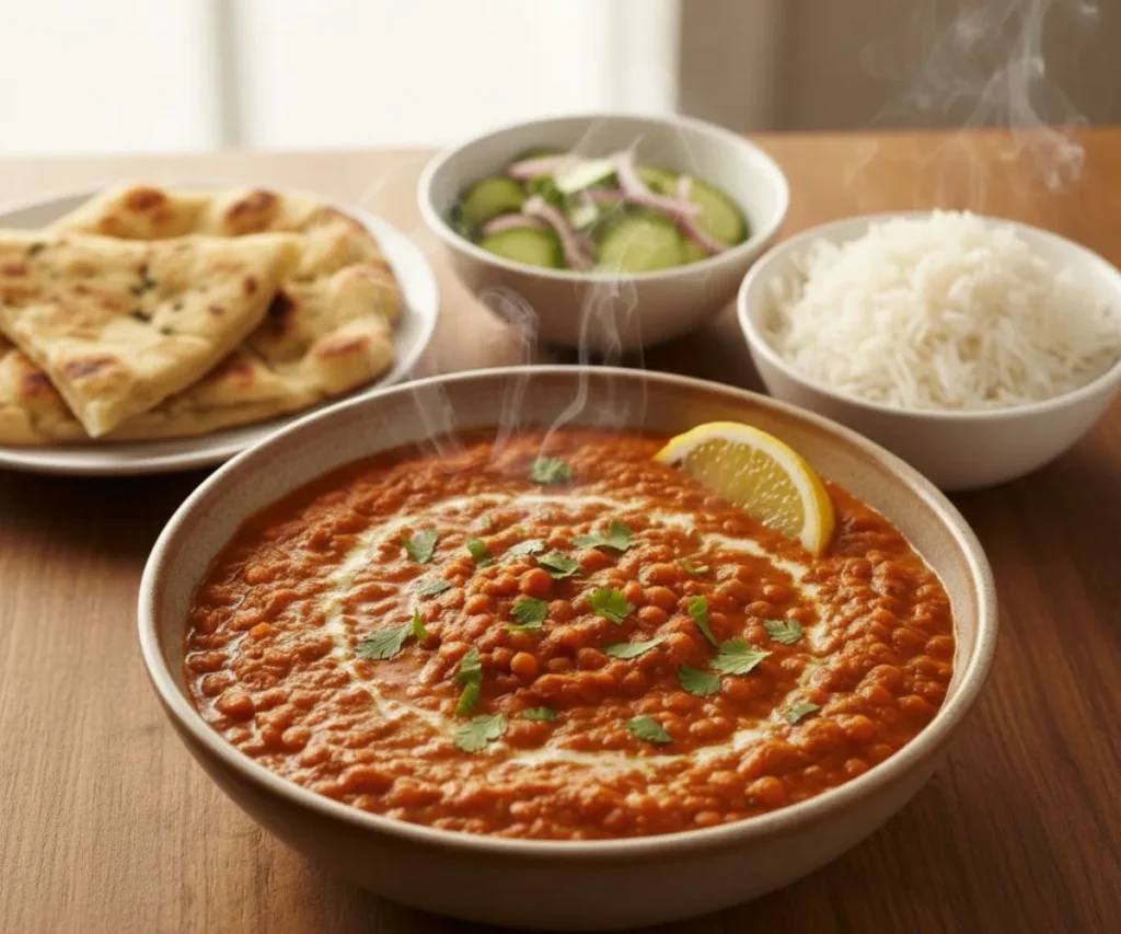 Spicy lentil curry served with rice and naan bread