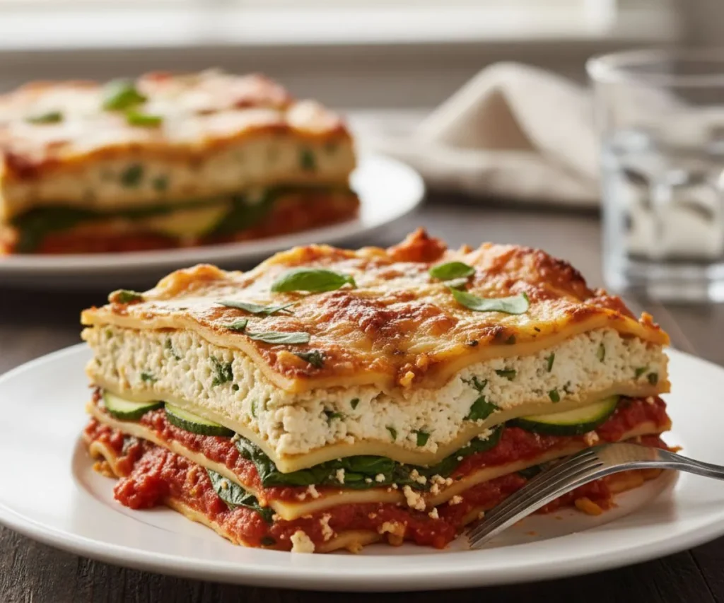 Slice of vegan lasagna with tofu ricotta on plate