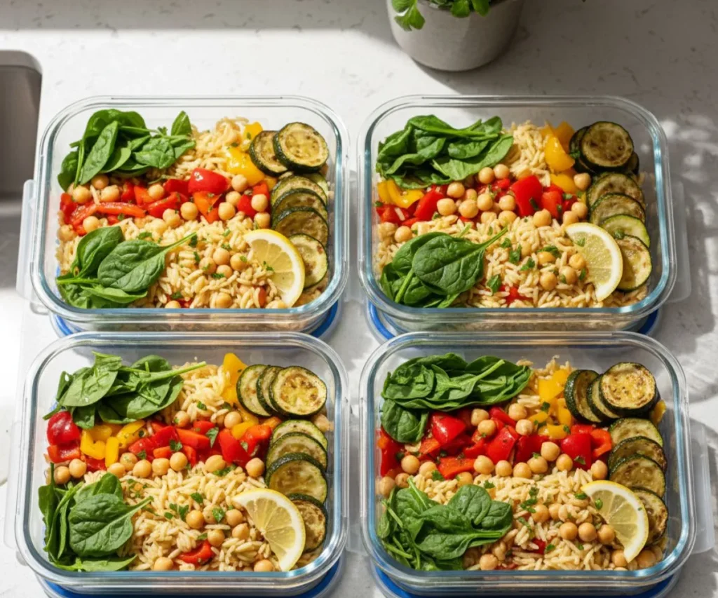 Vegetarian orzo meal prep containers in fridge-safe boxes