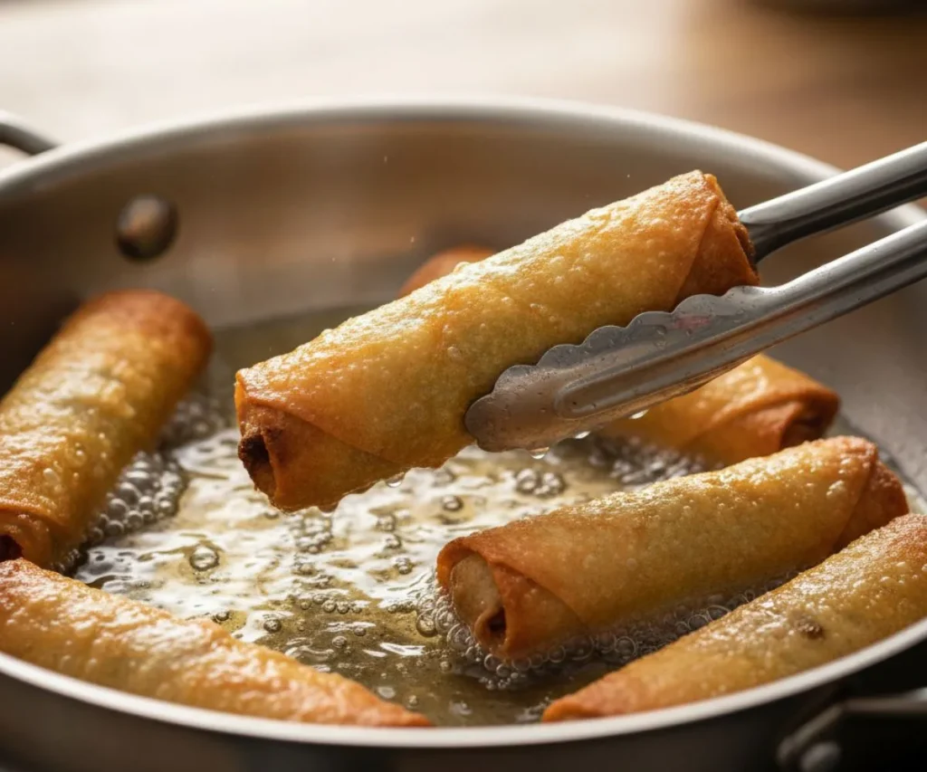 Vegan egg rolls frying in hot oil until golden brown