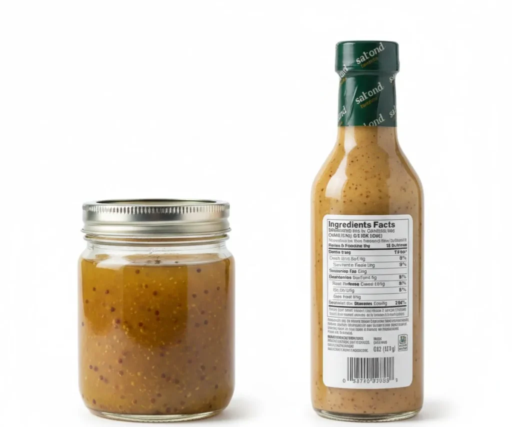 Homemade maple cider vinaigrette next to store bought salad dressing bottle