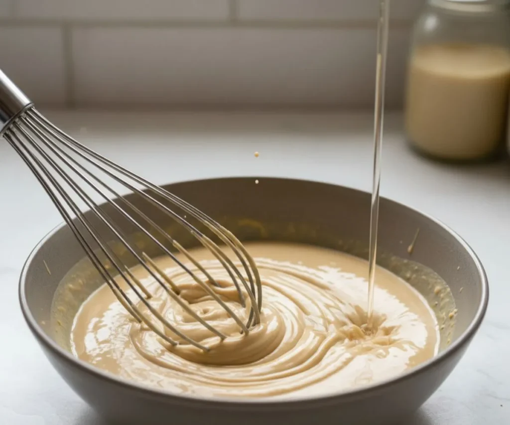 Whisking tahini with warm water to create smooth sauce