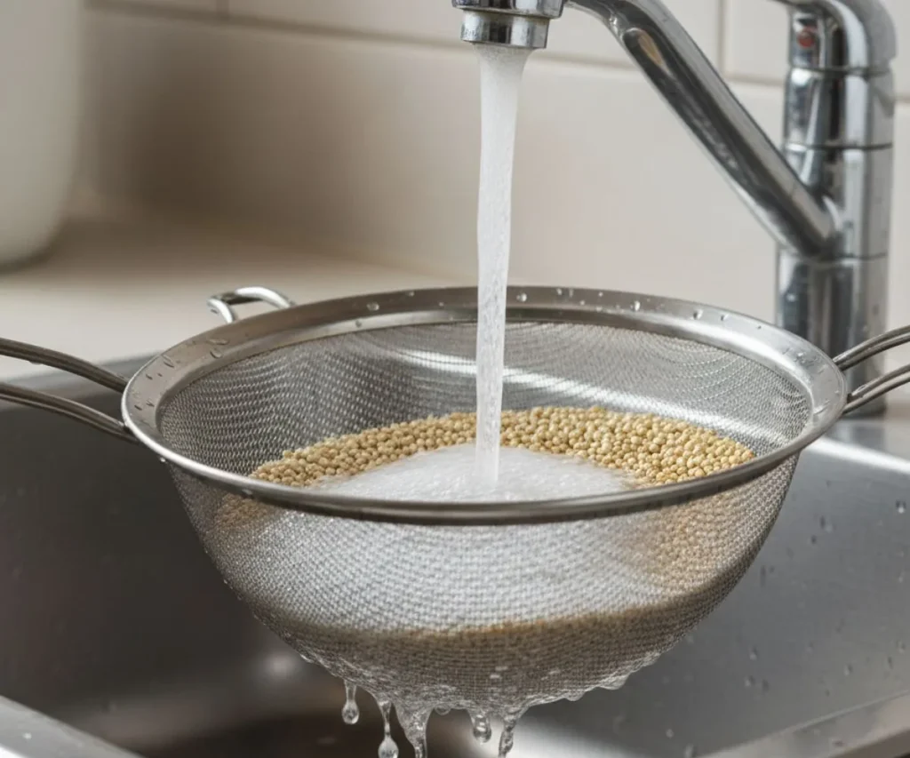 Rinsing quinoa in a fine mesh strainer before cooking