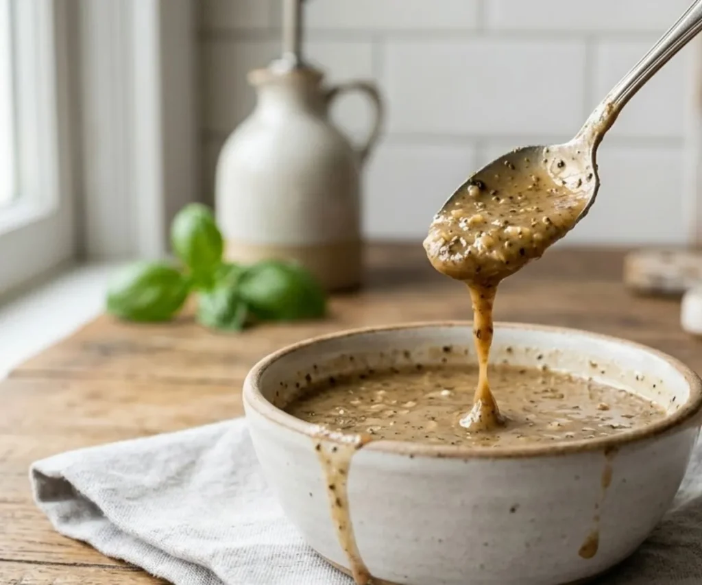 creamy vegan balsamic vinaigrette in small bowl