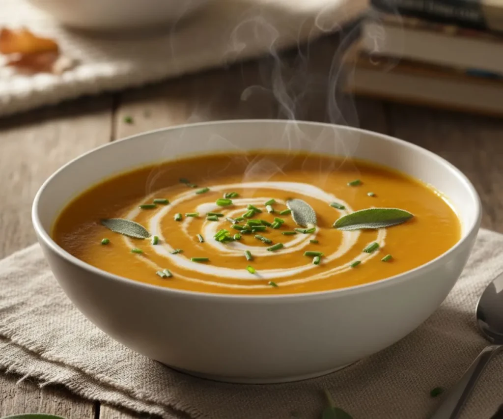 Creamy vegan butternut squash soup topped with coconut milk.