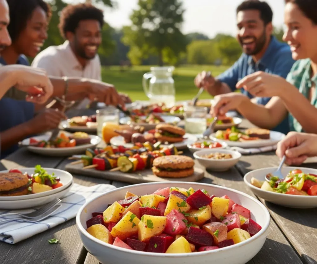 Potato salad with beets served at a summer BBQ table