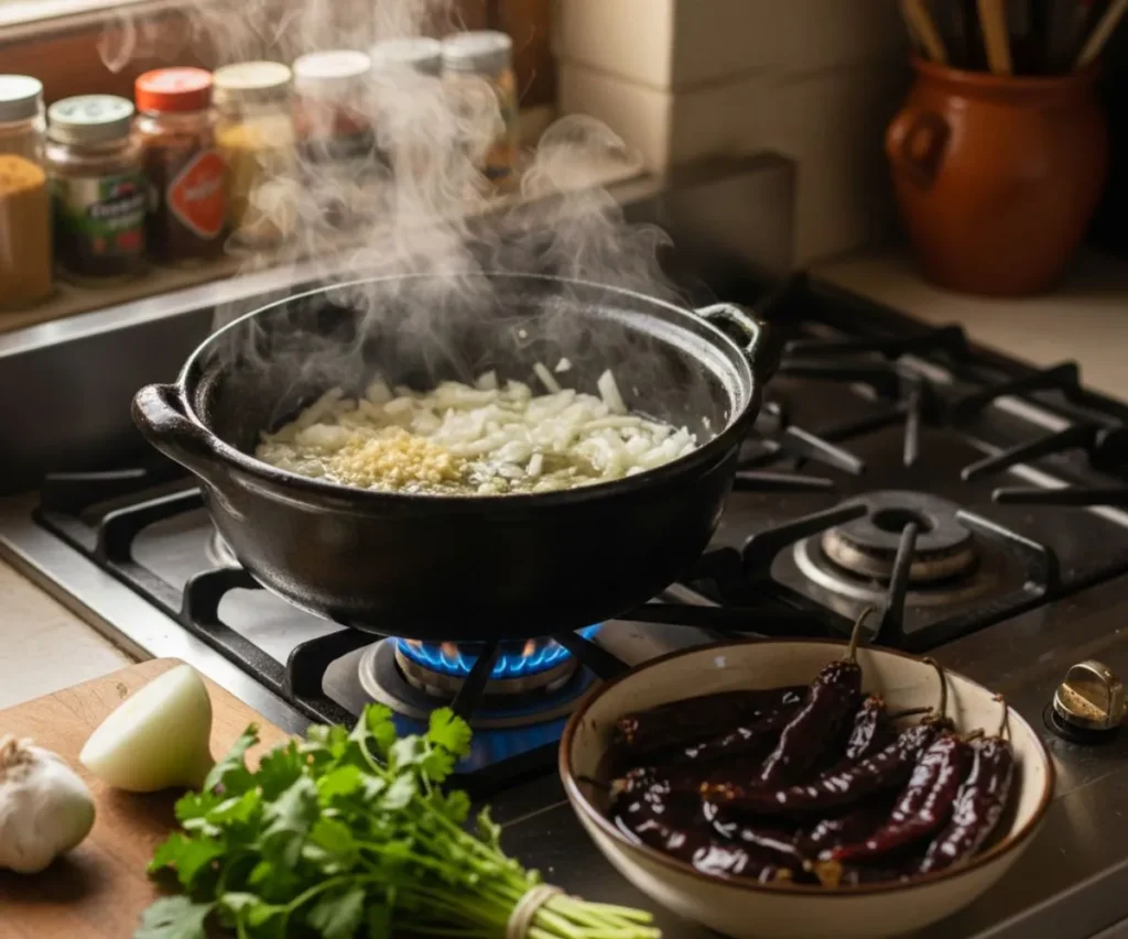 Cooking mexican style soup with onions, garlic, and dried chiles