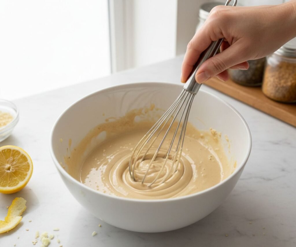 Whisking tahini sauce with lemon and warm water until smooth