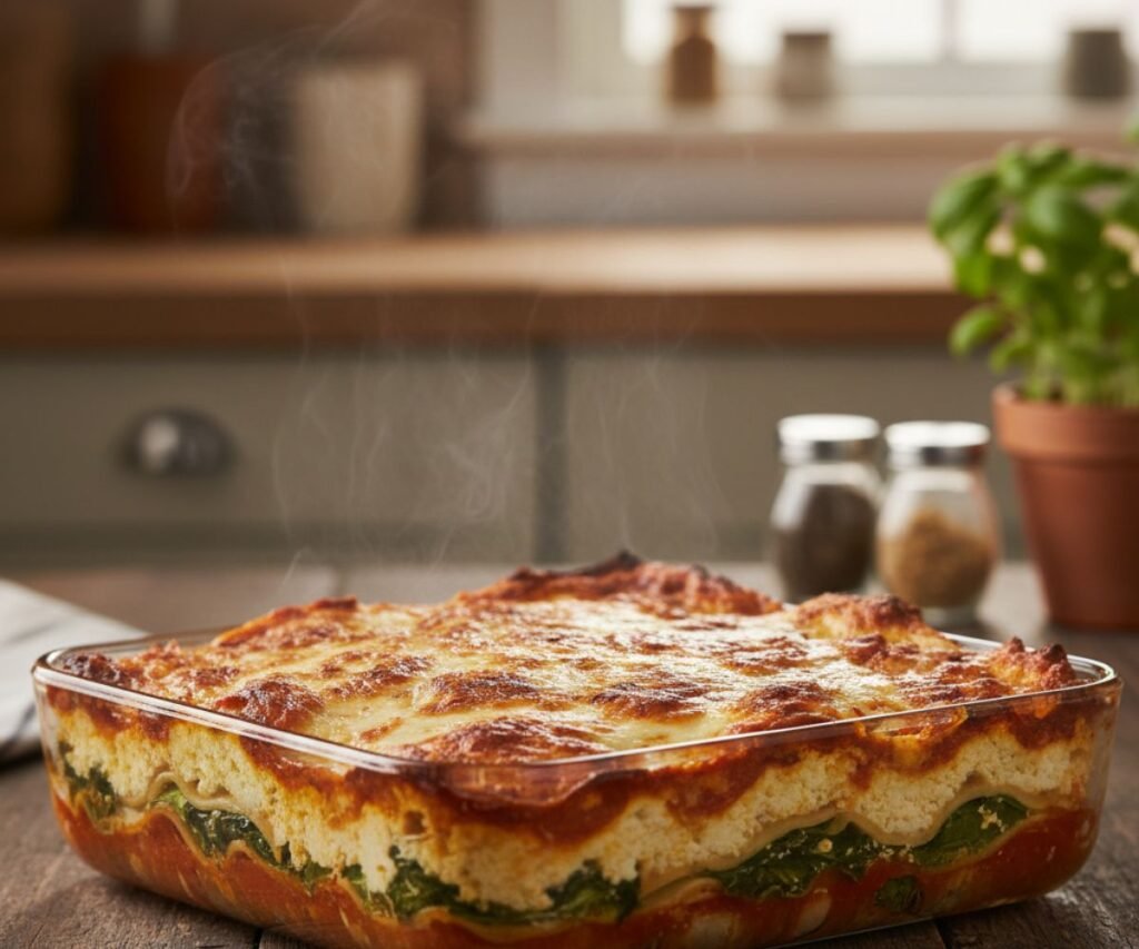 Freshly baked vegan lasagna with tofu ricotta in baking dish