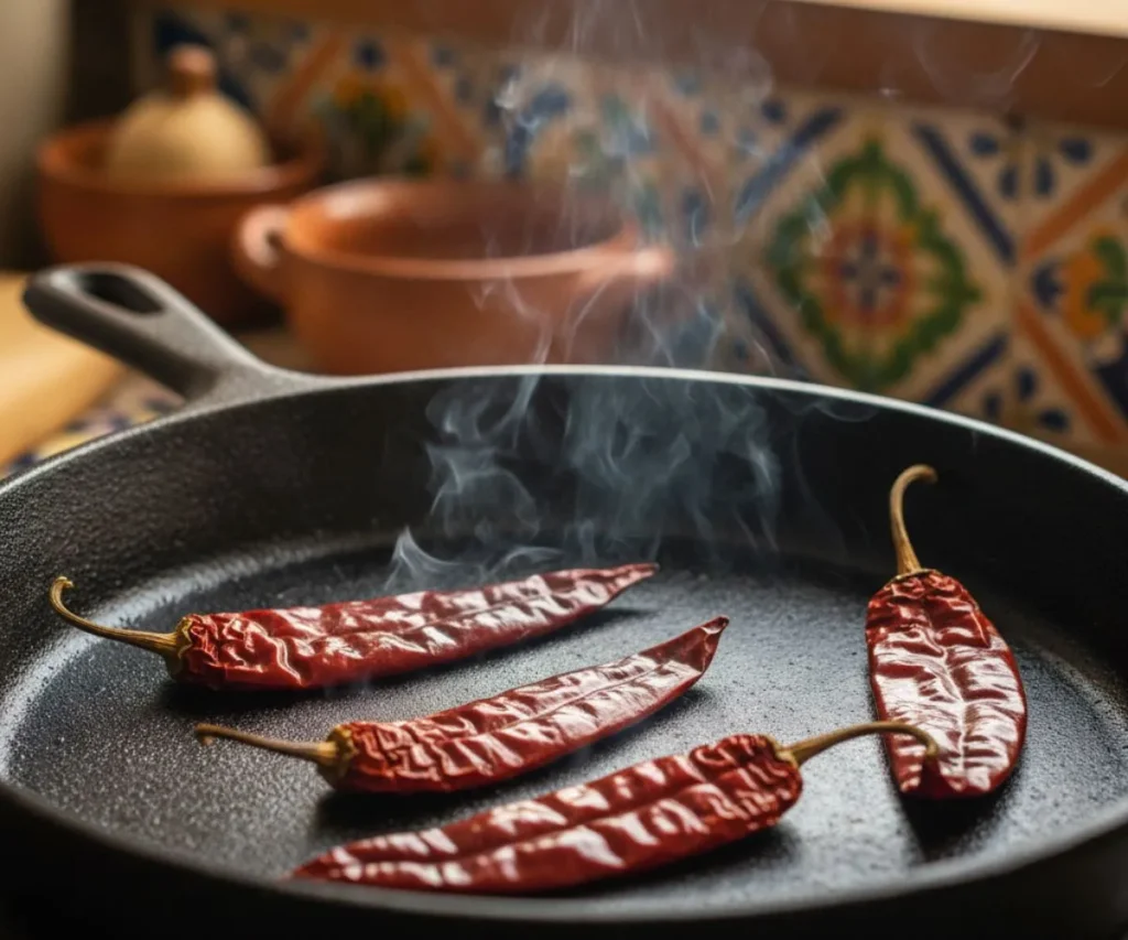 Toasting dried guajillo chiles in pan for deeper Mexican soup flavor