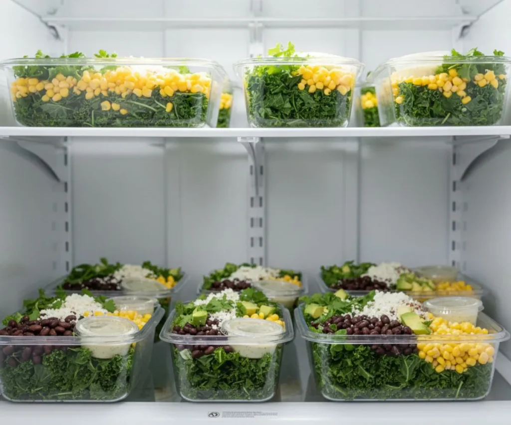 Mexican kale salad stored in glass meal prep containers in refrigerator