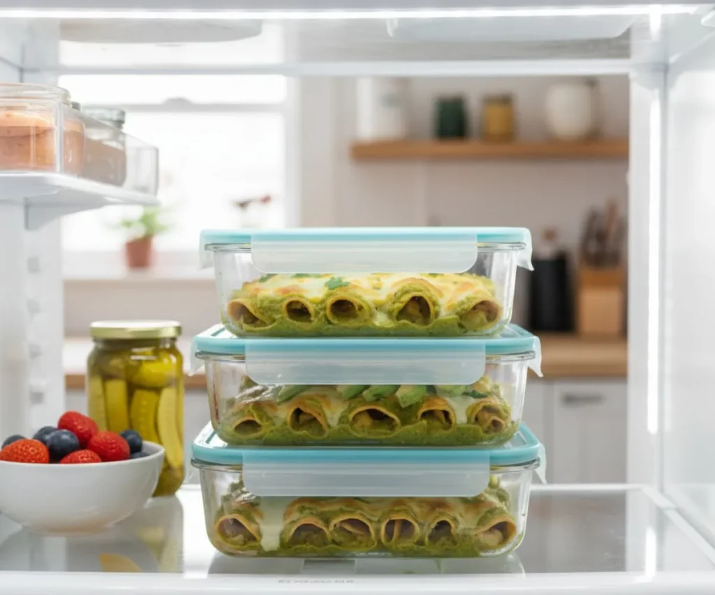 Vegan green enchiladas stored in glass meal prep containers