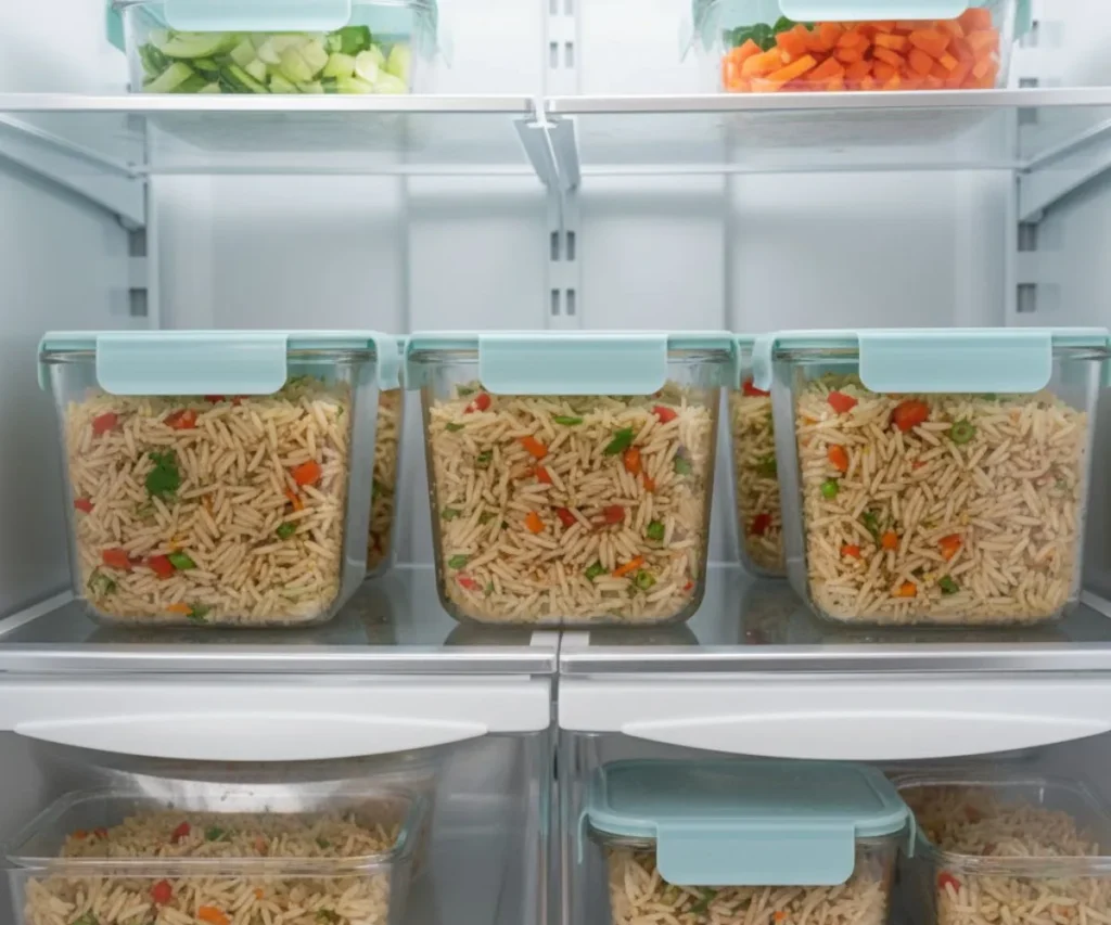 Vegan rice pilaf stored in airtight container for meal prep