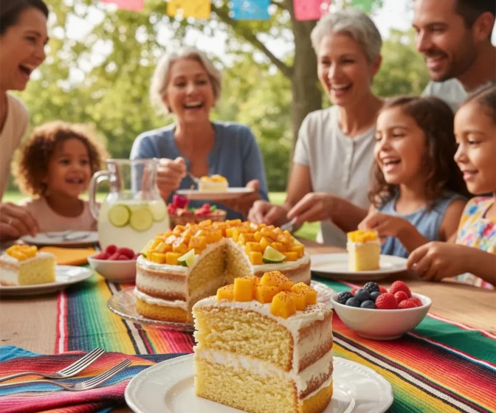 Mexican mango cake served at summer family celebration