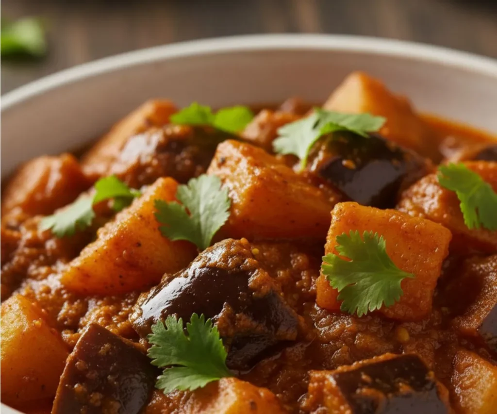 Close up texture of eggplant potato curry