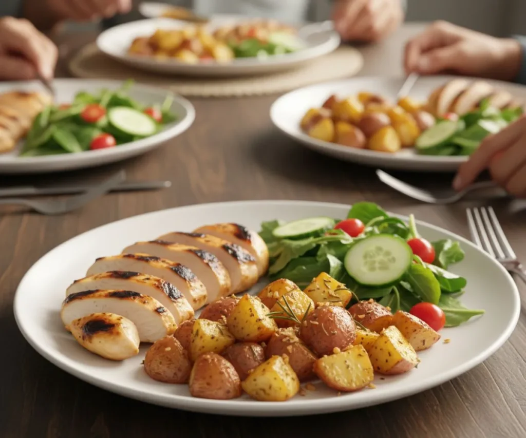 Garlic roasted potatoes served with grilled chicken and salad