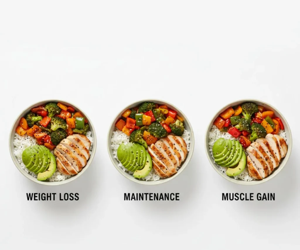 Portion size comparison for weight loss, maintenance and muscle gain power bowl