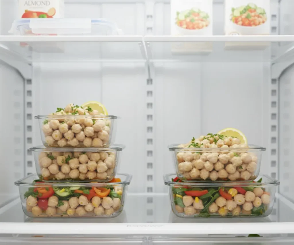 Tahini chickpea salad stored in meal prep containers