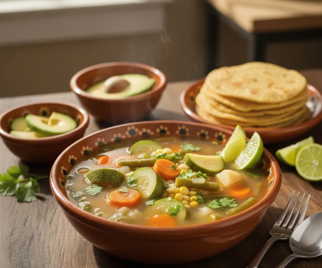 Cooking Mexican vegetable soup in a pot on the stove