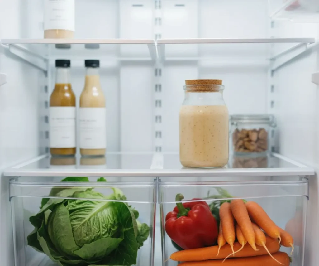 Sweet onion vinaigrette stored in sealed glass jar in refrigerator